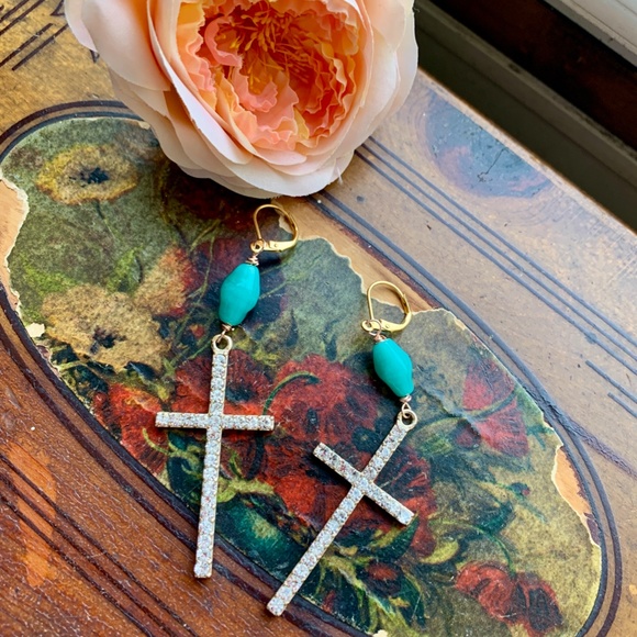 Handmade Crystal & Vint. Aqua Glass Bead Earrings - Picture 5 of 11